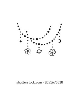 Hand drawn celestial beads with small flowers, planet, crescent moon, star isolated on white background. Sacred geometry. Alchemy esoteric magic talisman. Mystical jewelry.