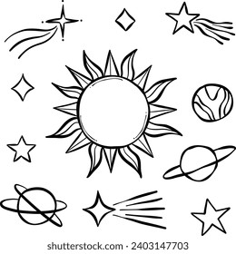 Hand drawn celestial clip art vector illustration elements, sun shooting stars and planets, isolated collection