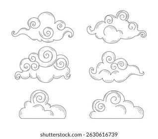 Hand drawn celestial doodle clouds in Asian style. Clouds outline. White cartoon swirl clouds. Vector illustration