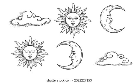 Hand drawn celestial elements  Sun  crescent moon and face   clouds  Sketch style mystical design elements  vector illustrations 