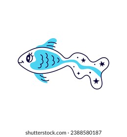 Hand drawn celestial fish. Cute elegant blue water animal, marine life element with scales, stars and dots. Childish line art element. Vector illustration