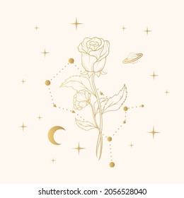 Hand drawn celestial golden rose. Vector illustration with geometrical and spiritual plants, stars and moon for greeting cards and wedding invitations.