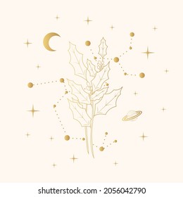 Hand drawn celestial holly berry. Vector illustration with golden geometrical and spiritual plants, stars and moon for greeting cards and invitations.