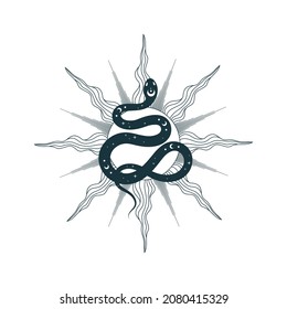 Hand drawn celestial illustration with snake in the sun. Mystical and spiritual vector background for tattoo, covers,  t-shirt design, fabrics, notebooks and cards
