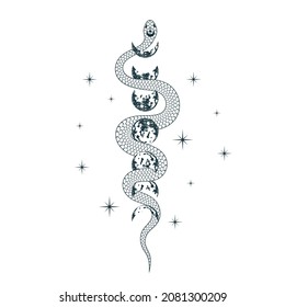 Hand drawn celestial moon snake with stars. Spiritual and mystical print for tattoo, covers,  t-shirt design, fabrics, notebooks and cards.