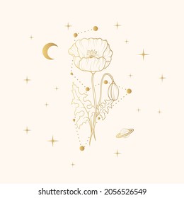 Hand drawn celestial poppy. Vector illustration with golden geometrical and spiritual plants, stars and moon for gift cards and invitations.