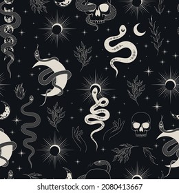 Hand drawn celestial seamless pattern with snakes, skulls, stars, moon and flowers. Black and white spiritual vector illustration for backgrounds, fabrics, wrapping paper.