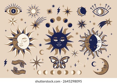 Conjunto celestial desenhado à mão de elementos