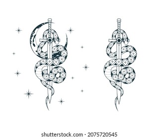 Hand drawn celestial snake wrapping around the sword with stars, moon. Spiritual background in vintage style  for tattoo,  t-shirt design, fabric, cards and covers.