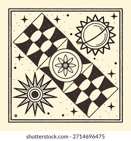 Dibujado a mano Celestial Sun Star Patrón de flores sobre fondo crema Palabras claves: celestial, sol, estrella, flor, patrón, dibujado a mano, ilustración