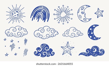 Hand drawn Celestial and Weather Icons A Collection of Unique Vector Illustrations for Design Projects