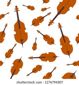Hand drawn cello seamless pattern for musical store or school. Cartoon jazz, blues or country music festival instrument. Vector isolated element.