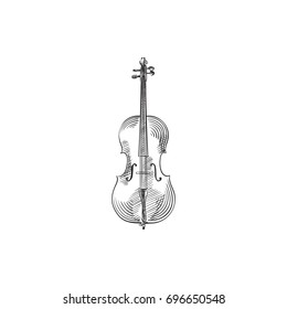 Hand Drawn Cello Sketch Symbol. Vector Violin Element In Trendy Style.