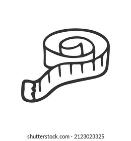 Handgezeichnetes Zentimeterband. Im Doodle-Stil, schwarze Umrisse einzeln auf weißem Hintergrund. Cute Element für Karte, Social-Media-Banner, Aufkleber, Druck, Dekoration Kinderspielzimmer. Vektorgrafik.