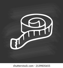 Hand drawn centimeter tape on chalkboard. White outline on black background. Cute element in doodle style for card, social media banner, sticker, print, decoration kids playroom. Vector illustration.