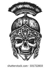 Hand drawn centurion skull in galea helmet. Vector illustration