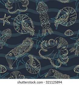 Hand drawn cephalopods seamless pattern. Dark blue waves and gold line vector octopus, squid calmar, nautilus and cuttlefish