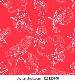 Hand drawn cephalopods seamless pattern. Red background vector octopus, squid calmar, nautilus and cuttlefish