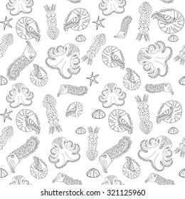 Hand drawn cephalopods seamless pattern. Black and white vector octopus, squid calmar, nautilus and cuttlefish