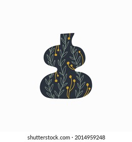 Hand drawn ceramic black vase with floral ornament isolated on white backdrop. Decorative bottle. Simple cartoon flat style. Vector illustration for stickers, tags, posters, postcards, t-shirt design.