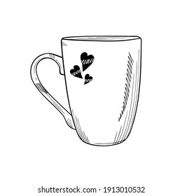 Hand drawn ceramic cup with decorative hearts on a white isolated background. Illustration in black and white graphic style. It can be used for decoration of textile, paper and other surfaces.