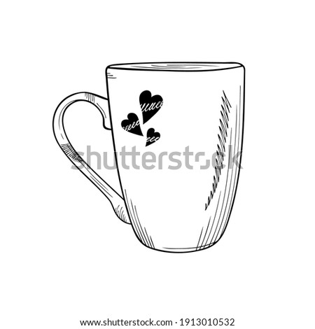 Hand drawn ceramic cup with decorative hearts on a white isolated background. Illustration in black and white graphic style. It can be used for decoration of textile, paper and other surfaces.