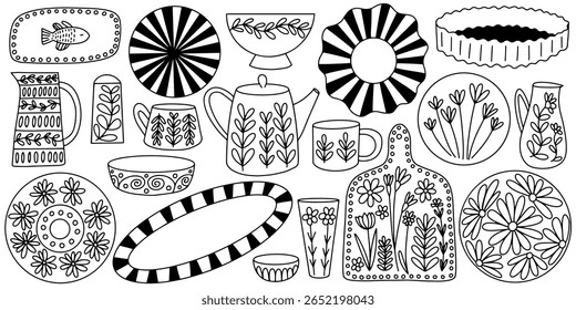 Conjunto de vetor de utensílios de cozinha desenhados à mão. Jarro, tigela, prato, bule, xícara, corte com ornamento bonito e flores