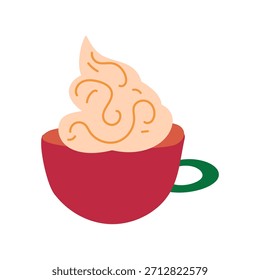 Hand drawn ceramic mug with hot latte coffee decorated with cap of whipped cream, element of winter festival decoration. Simple scribble shape freehand vector icon isolated on white background