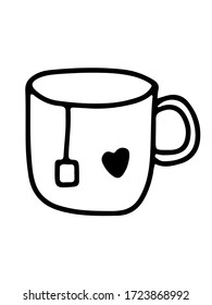 Hand drawn ceramic tea cup with tea bag and black heart on it. Outline style. Vector isolated elements.EPS10 