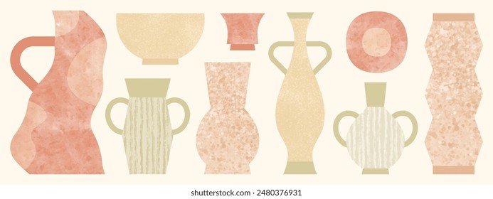 Hand drawn ceramic vases icon set isolated on white background. Abstract geometric handmade pottery with realistic texture collection. Vector illustration