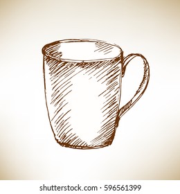 Hand drawn ceramics mug. Sketch, vector illustration.
