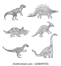 Handgezeichneter Ceratosaurus, Stegosaurus, Parasaurolophus, Janenschia, Velociraptor, Triceratops. Farbige Buchseite Antistress für Erwachsene und Kinder. Prähistorischer Dinosaurier. Vektorgrafik