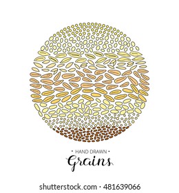 Hand drawn cereal grains composed in circle shape on white background.
