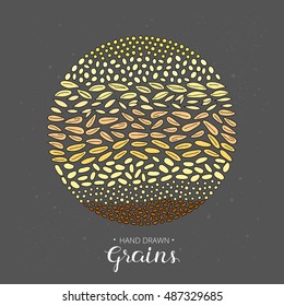 Hand drawn cereal grains composed in circle shape on chalkboard background.