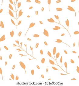 Hand drawn cereal plants seamless pattern, agriculture industry organic crop products for oat groats flakes, oatmeal packaging design. 