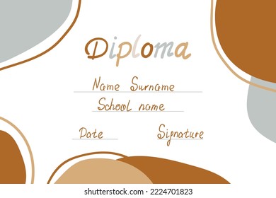 Hand drawn certificate for school and kindergarten. Vector cartoon illustration of a diploma for kids. Boho style. Modern nursery design. Doodle illustration.