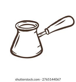 Hand drawn cezve coffee pot in naive doodle style. Minimal outline traditional brewing tool illustration for cafe design, packaging and branding.
