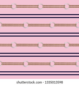 Hand drawn chain, and summer nautical rope Seamless vector pattern with in horizontal stripe design for fashion,fabric,wallpaper,web and all prints on light pink background color
