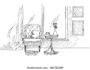 Hand drawn chair, desk, window. On the table is a vase with a flower. Vector illustration in sketch style.