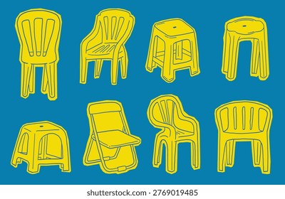 Hand drawn chair doodle set including plastic chairs, stools, and seating furniture. Perfect for interior, cafe, home, and furniture themed designs.