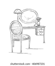 Hand drawn chair, table and mirror.