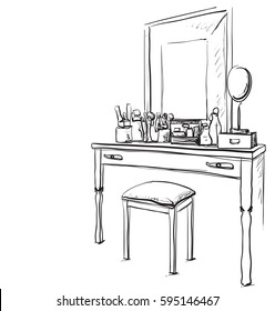 Hand drawn chair, vanity table and mirror. Interior sketch