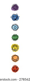 Hand drawn chakra symbols set. Sacred geometry boho chakras system icons. Vector illustration.