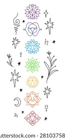 Hand drawn chakra symbols set. Sacred geometry boho chakras system icons. Vector illustration.