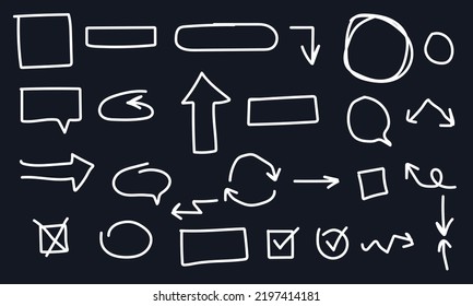 Hand drawn chalk arrows, frames and speech bubbles. Check marks, doodle arrow, sketch circle, white chalk graphics elements design template