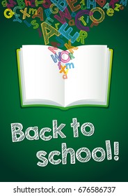 Hand Drawn chalk "Back to School!" vector illustration on green blackboard. Back to School ABC book card