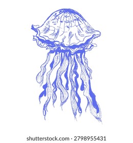 Hand Drawn Chalk Blue Mediterranean Jellyfish. Whimsical Crayon Texture Sketch Floating Tentacles Medusa Cnidaria Aquatic Creature Clipart. Retro Coastal Ocean Marine Scrapbook. Vector Illustration.