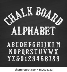 Hand drawn chalk board alphabet font. Vintage letters and numbers on a distressed background. Retro vector typeface for your design.