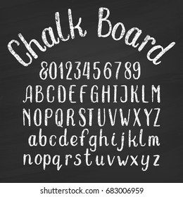 Hand drawn chalk board alphabet font. Upper and lower case letters and numbers on a distressed background. Retro vector typeface for your design.