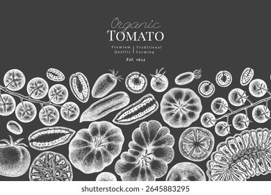 Ilustração De Tomate De Placa De Giz Desenhada À Mão. Modelo de design de vetor vegetal retro. Comida da Fazenda da Velha Escola.
